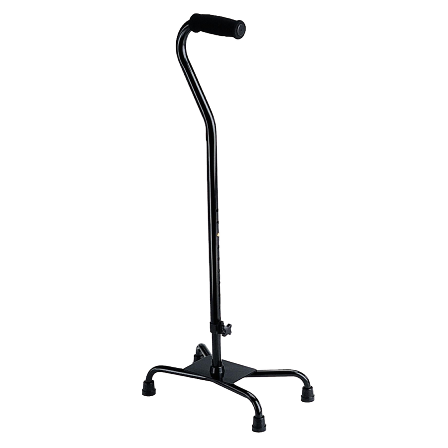 Black quad cane with four legs and an ergonomic handle for steady grip.