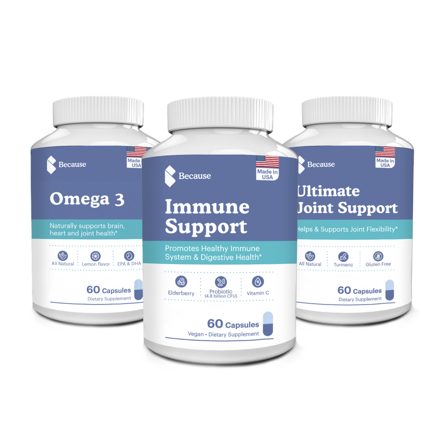 Three pack of vitamins including Omega 3, Immune Support, and Ultimate Joint Support