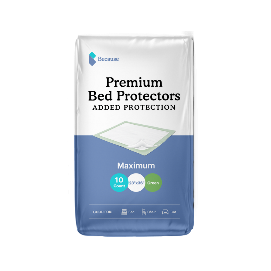 Rectangular package of Because Premium Bed Protectors. Added Protection. Maximum. 10 count 23
