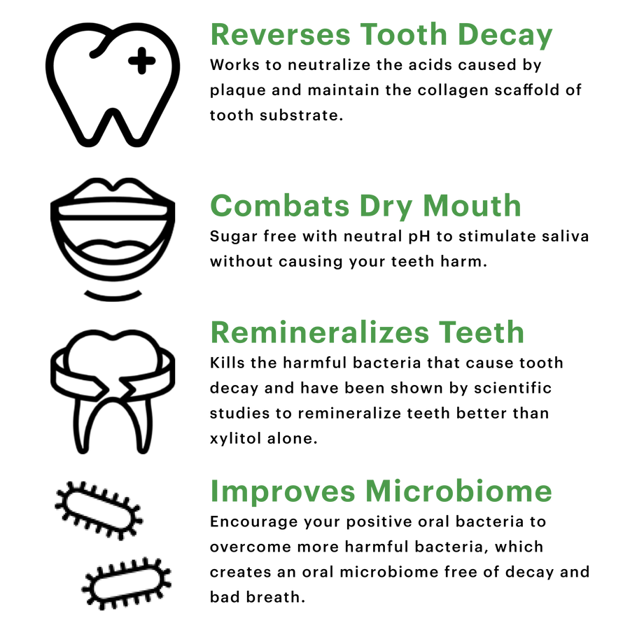 Reverses tooth decay. Combats dry mouth. Remineralizes teeth. Improves microbiome.