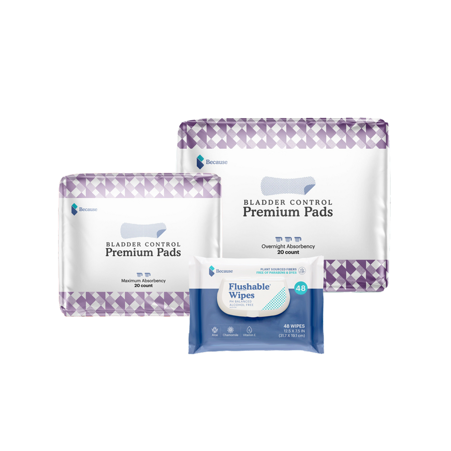 Overnight absorbency pads, maximum absorbency pads, and flushable wipes