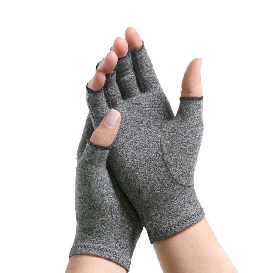 Pair of soft gray fingerless gloves on a woman's hands