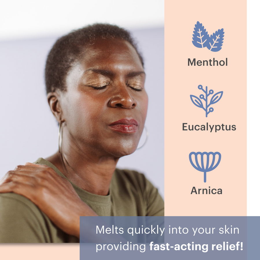 Woman closing her eyes with relief. Menthol, Eucalyptus, Arnica melts quickly into your skin providing fast-acting relief!