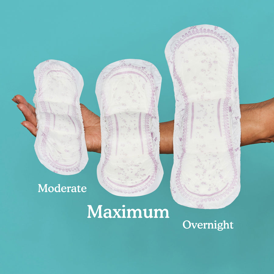 Arm holding moderate, maximum, and overnight pads side by side for comparison. Maximum is the medium sized pad