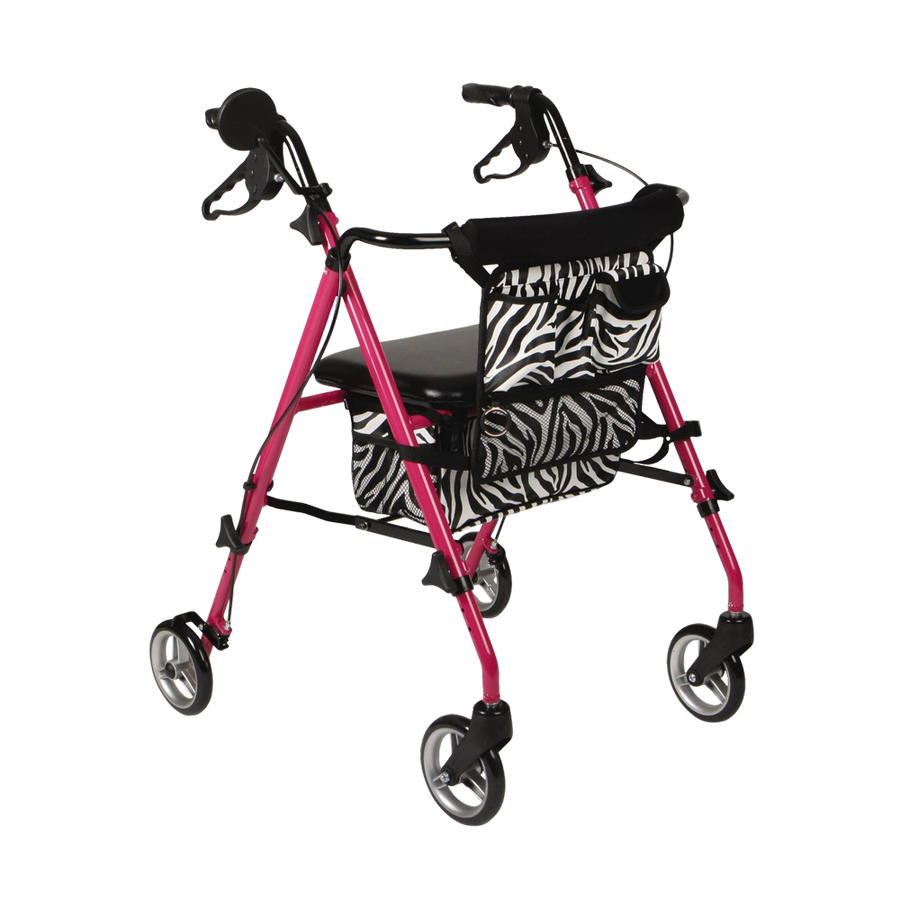 Pink zebra rollator with stylish zebra patterned storage seat. Contains bright magenta pink design, extra storage pockets in the front, and hand brakes.