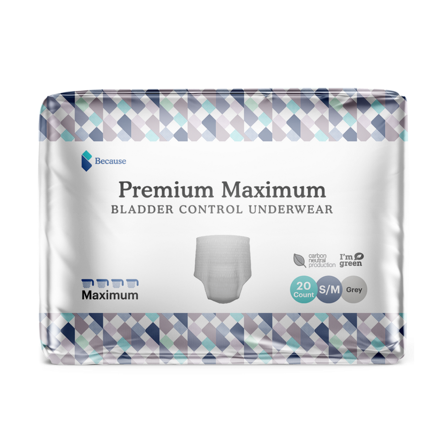 Premium Maximum Bladder Control Underwear in maximum absorbency. Small/medium 20 count grey
