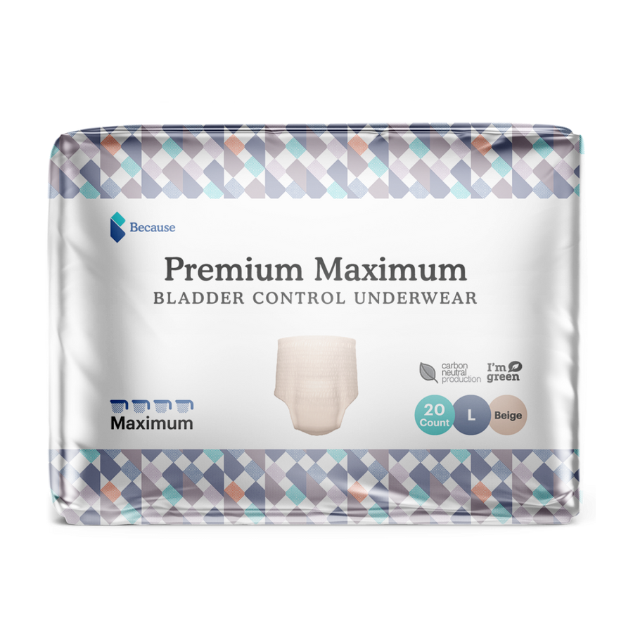 A rectangular package of Because Market Premium Maximum Absorbency Bladder Control Underwear. 20 count. Size L. Beige. Carbon neutral production.