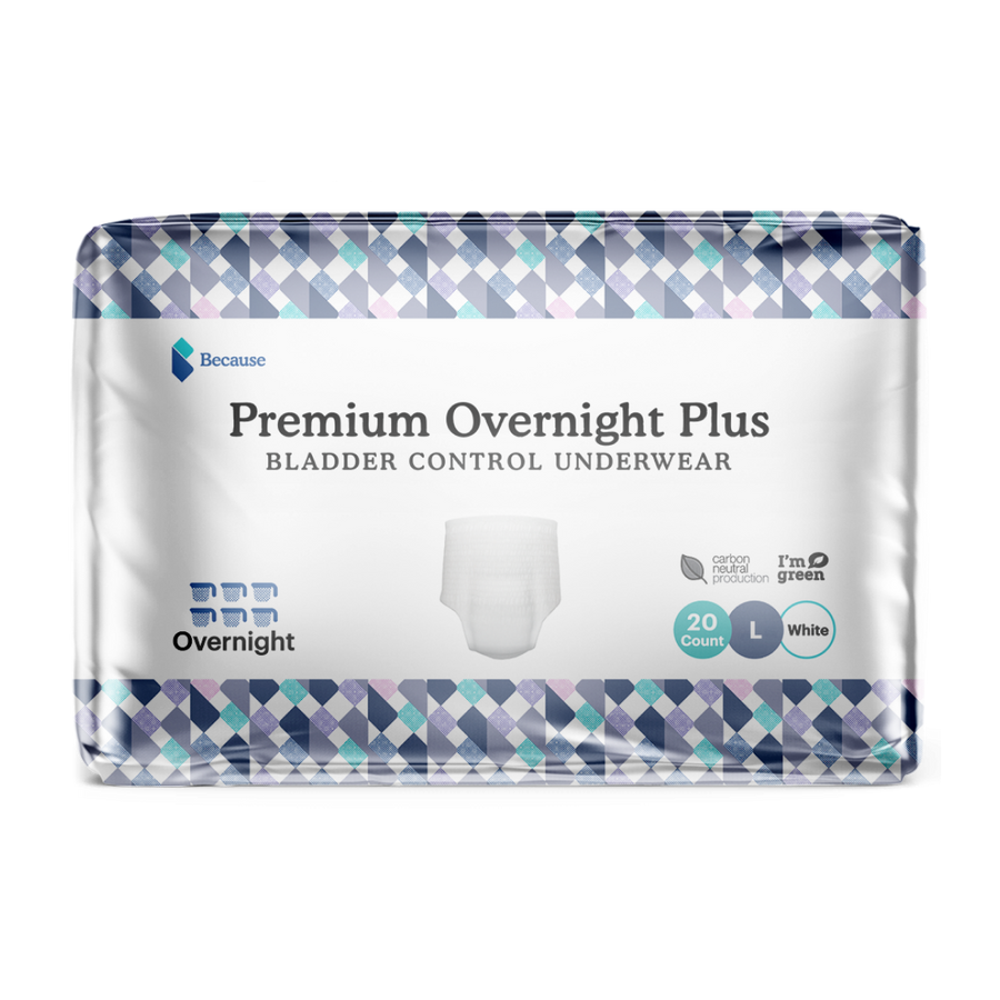 Premium Overnight Plus Bladder Control Underwear. Overnight absorption 20 count size large white
