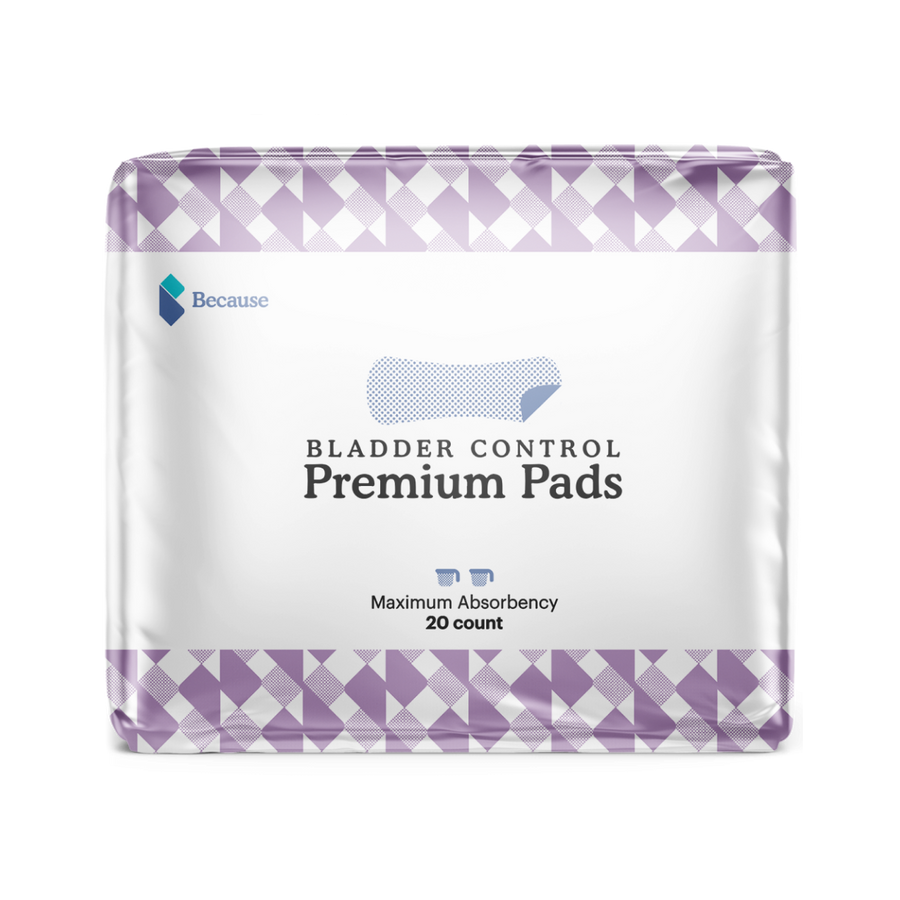 A rectangular package of Bladder Control Premium Pads. Maximum absorbency. 20 count.