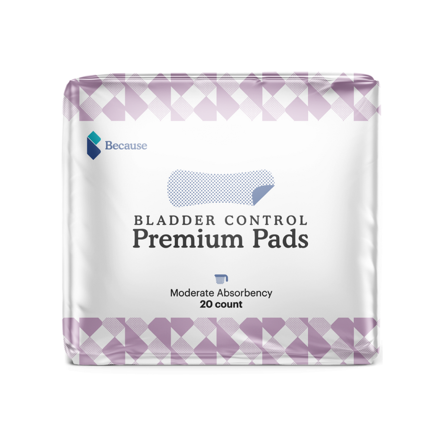 A rectangular package of Because Market Bladder Control Premium Pads. Moderate absorbency. 20 count.