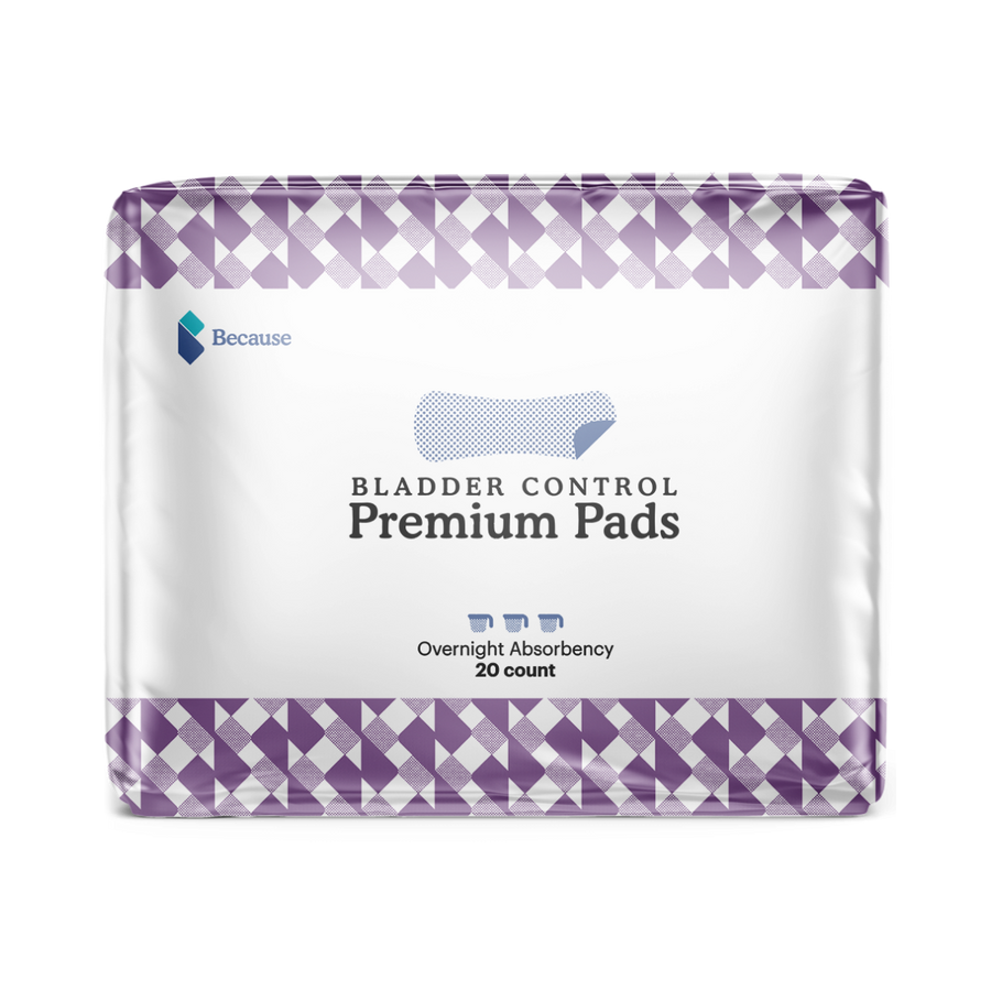 A rectangular package of bladder control premium pads. Overnight absorbency. 20 count.