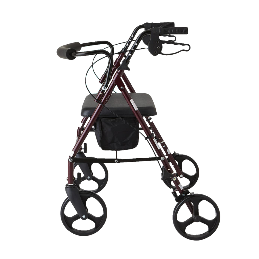Side view of red rollator to show the four wheeled design and hand brakes