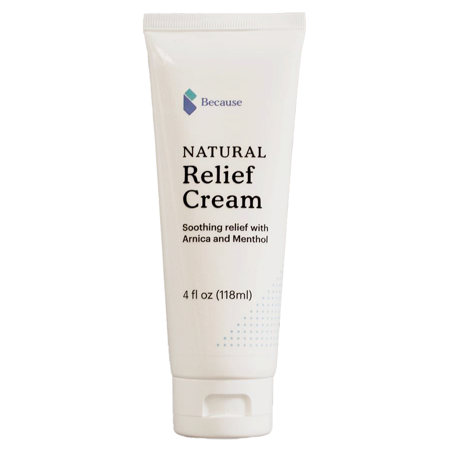 White tube of Because Natural Relief Cream. Soothing relief with Arnica and Menthol.