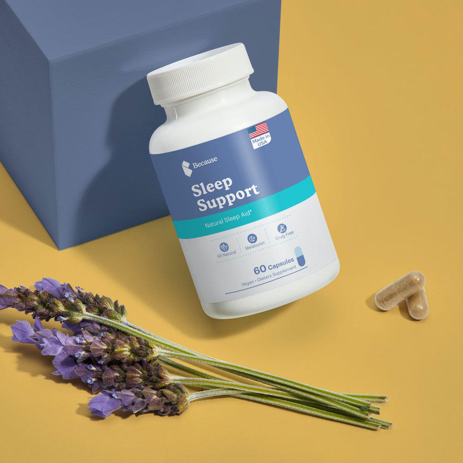 Sleep support supplement sitting alongside lavender