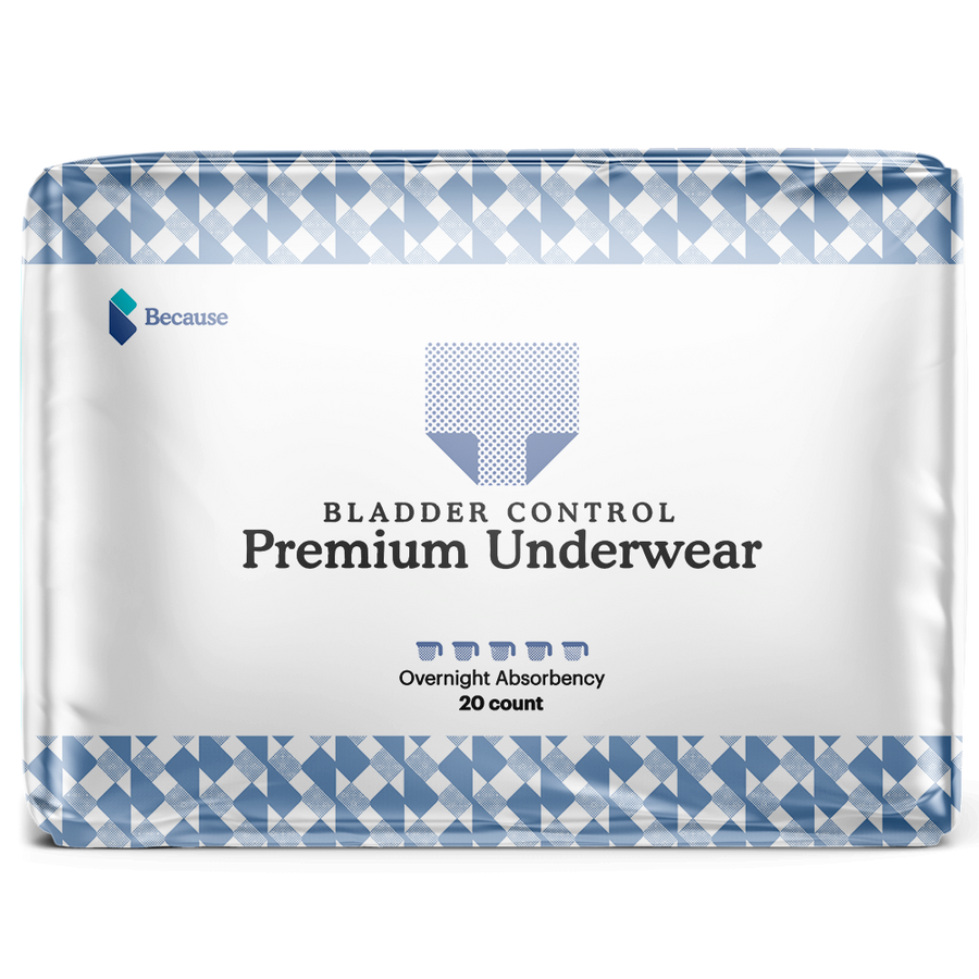 A blue rectangular package of Because Market Bladder Control Premium Underwear. Overnight absorbency. 20 count.